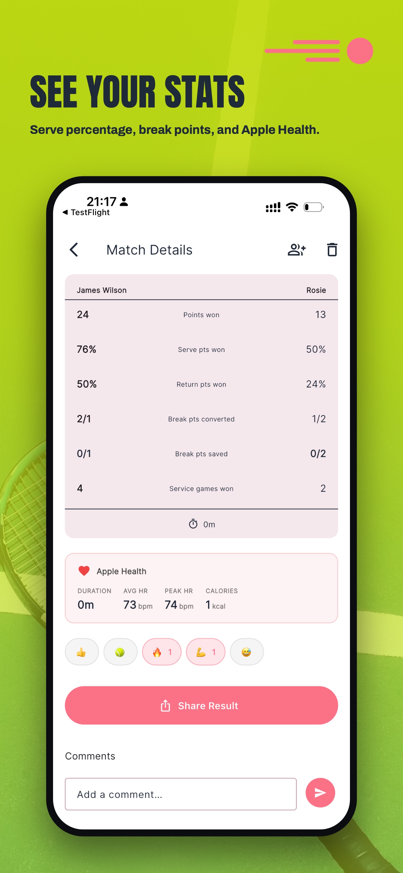 Match stats and Apple Health, match by match